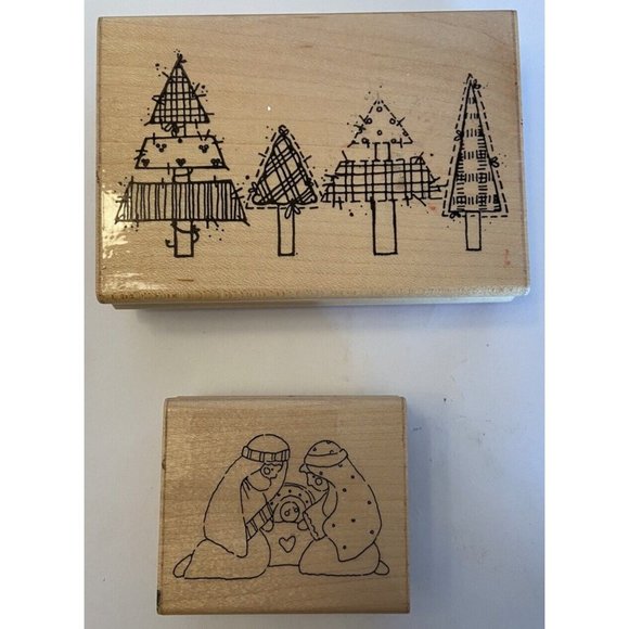 2 wood mounted rubber stamps Christmas trees and Nativity DOTS and JRL Design - Picture 1 of 3